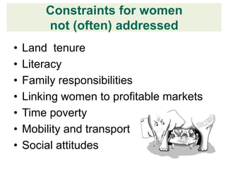 Constraints for women
        not (often) addressed
•   Land tenure
•   Literacy
•   Family responsibilities
•   Linking women to profitable markets
•   Time poverty
•   Mobility and transport
•   Social attitudes
 