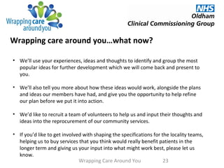 Wrapping care around you…what now?
Wrapping Care Around You 23
• We’ll use your experiences, ideas and thoughts to identify and group the most
popular ideas for further development which we will come back and present to
you.
• We’ll also tell you more about how these ideas would work, alongside the plans
and ideas our members have had, and give you the opportunity to help refine
our plan before we put it into action.
• We’d like to recruit a team of volunteers to help us and input their thoughts and
ideas into the reprocurement of our community services.
• If you’d like to get involved with shaping the specifications for the locality teams,
helping us to buy services that you think would really benefit patients in the
longer term and giving us your input into what might work best, please let us
know.
 