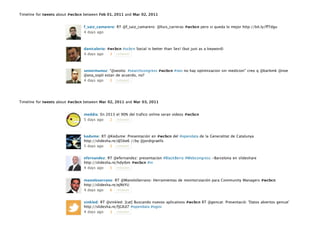 Timeline for tweets about #wcbcn between Feb 01, 2011 and Mar 02, 2011


                                f_saiz_camarero: RT @f_saiz_camarero: @lluis_carreras #wcbcn pero si queda lo mejor http://bit.ly/ffTdgu
                                4 days ago



                                danicalorio: #wcbcn #scbcn Social is better than Sex! (but just as a keyword)
                                4 days ago    3 retweet




                                senormunoz: “@seoito: #searchcongress #wcbcn #seo no hay optimizacion sin medicion” creo q @barbmk @noe
                                @ana_sopli estan de acuerdo, no?
                                4 days ago    2 retweet




Timeline for tweets about #wcbcn between Mar 02, 2011 and Mar 03, 2011


                                meddia: En 2013 el 90% del trafico online seran videos #wcbcn
                                5 days ago   2 retweet




                                kedume: RT @Kedume: Presentación en #wcbcn del #opendata de la Generalitat de Catalunya
                                http://slidesha.re/dJ56e6 //by @jordigraells
                                5 days ago     5 retweet


                                efernandez: RT @efernandez: presentacion #BlackBerry #Webcongress -Barcelona en slideshare
                                http://slidesha.re/hdyibm #wcbcn #in
                                4 days ago     5 retweet


                                manoloserrano: RT @ManoloSerrano: Herramientas de monitorización para Community Managers #wcbcn
                                http://slidesha.re/eJNtYU
                                4 days ago     6 retweet


                                vinkled: RT @vinkled: [cat] Buscando nuevos aplicativos #wcbcn RT @gencat: Presentació: 'Datos abiertos gencat'
                                http://slidesha.re/fjGKd7 #opendata #ogov
                                4 days ago     3 retweet
 