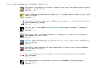 Timeline for tweets about #wcbcn between Mar 03, 2011 and Mar 05, 2011


                                aldeamarketing: http://bit.ly/kl4s3 RT @iremans: RT @Meddia: ¿Qué se dijo en Twitter sobre las conferencias plenarias
                                del #wcbcn... http://bit.ly/dKr7wQ
                                3 days ago retweet


                                meddia: ¿Alguien que recopilara los twits de la mañana del día 1 del #wcbcn? Nuestro doc empieza con los de la tarde
                                :( http://bit.ly/e58wZx
                                3 days ago retweet


                                lluisjardi: RT @meddia Ahora sí, post sobre el Web Congress Barcelona y documento con todos los tweets de todos los
                                días del #wcbcn http://bit.ly/e58wZx
                                3 days ago retweeted


                                erik_be: RT @ric_r: #FF para #wcbcn #ecommretail #ecommsocial gracias a todos la experiencia y lo aprendido no
                                tienen precio!
                                3 days ago retweet


                                albertonimon: Gracias a todos los que estuvsteis ayer en la charla de #dinamon sobre Herramientas sociales en la
                                empresa #wcbcn Me lo pasé en grande :)
                                3 days ago retweet


                                mikeander: @MeltwaterBuzz Meltwater Buzz da 35% descuento en sus licencias solo para asistentes #wcbcn contacto
                                via: http://ow.ly/46bJ4
                                3 days ago retweet


                                daniel_marote: ATENCION! Meltwater Buzz ofrece 35% descuento en sus licencias SOLO para asistentes #wcbcn via
                                http://ow.ly/47xSx #searhcongress
                                3 days ago retweet


                                einteractive: RT @einteractive: Ya está disponible la presentación de ayer del #wcbcn sobre el Método RADAR:
                                http://t.co/Kqbi1ne
                                3 days ago     4 retweet


                                diana8a: RT @einteractive: Ya está disponible la presentación de ayer del #wcbcn sobre el Método RADAR:
                                http://t.co/Kqbi1ne
                                3 days ago retweet
 