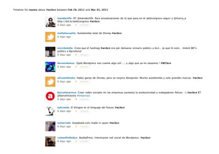 Timeline for tweets about #wcbcn between Feb 28, 2011 and Mar 01, 2011


                                mendezlife: RT @mendezlife: Para actualizaciones de lo que pasa en el webcongress seguir a @marca_e
                                http://bit.ly/webcongress #wcbcn
                                6 days ago     2 retweet


                                mollyhavuelto: Autobombo total de Disney #wcbcn
                                6 days ago



                                enricbotella: Creia que el hashtag #wcbcn era per demanar orinaris públics a bcn... Ja que hi som... Volem WC's
                                públics a Barcelona!
                                6 days ago     6 retweet


                                bernardamus: Ojalà Wordpress nos cuente algo util .... y algo que ya no sepamos ! #WCbcn
                                6 days ago  3 retweet



                                aliceonthesky: Había ganas de Disney, pero se respira decepción. Mucho autobombo y solo grandes marcas. #wcbcn
                                6 days ago   4 retweet



                                barcelonactiva: Crear redes sociales en las empresas aumenta la productividad y trabajadores felices :-) #wcbcn RT
                                @barcelonaviva #empreses
                                6 days ago   8 retweet


                                aykrmela: El klingon es el lenguaje del futuro #wcbcn
                                6 days ago    2 retweet




                                tamarinda: Soopbook.com made in spain #wcbcn
                                6 days ago   2 retweet



                                cottonfieldsbcn: BuddyPress. Interesante red social de Wordpress. #wcbcn
                                6 days ago    2 retweet
 