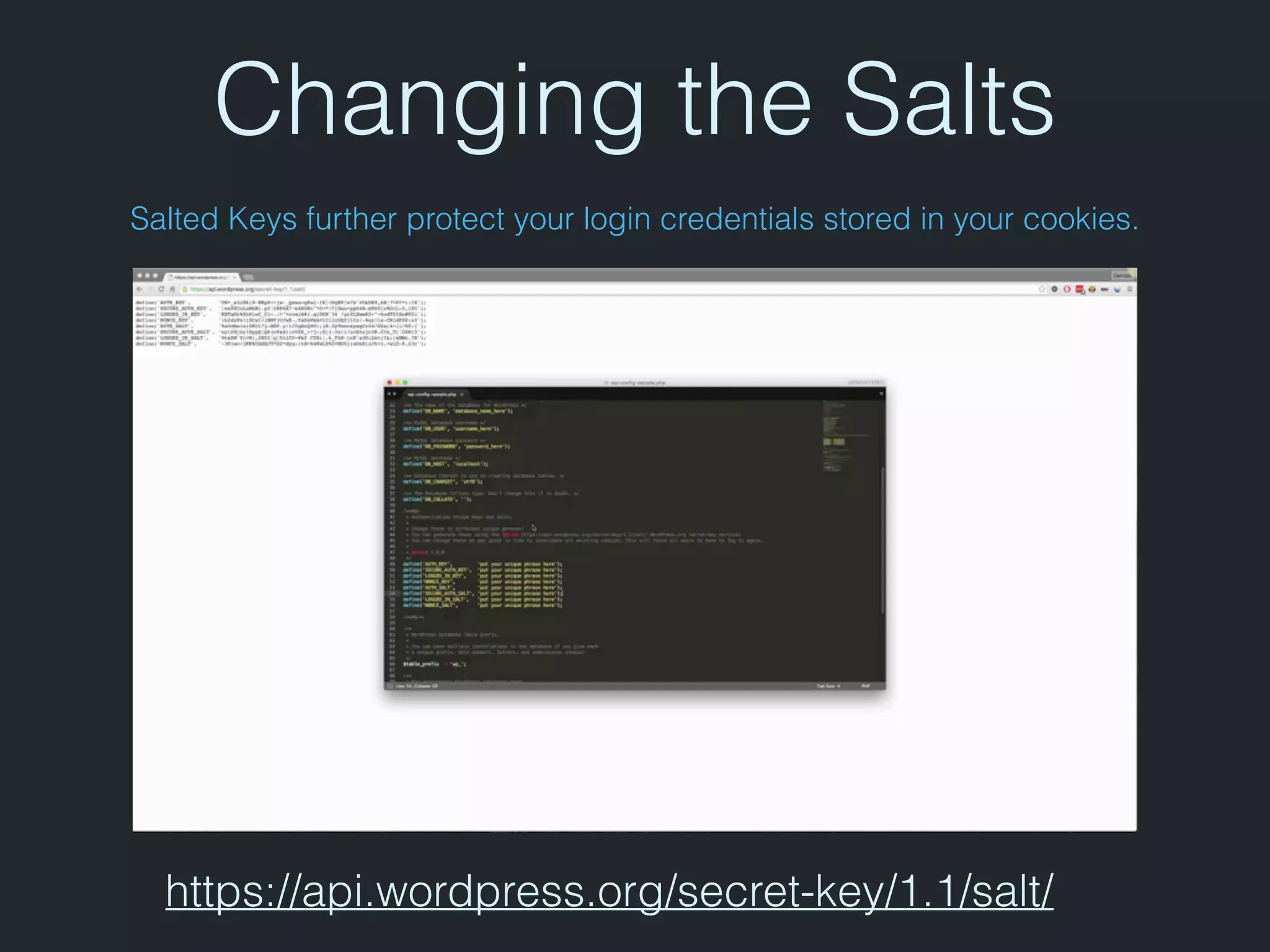 Changing the Salts
Salted Keys further protect your login credentials stored in your cookies.
https://api.wordpress.org/secret-key/1.1/salt/
*tutorial*
 