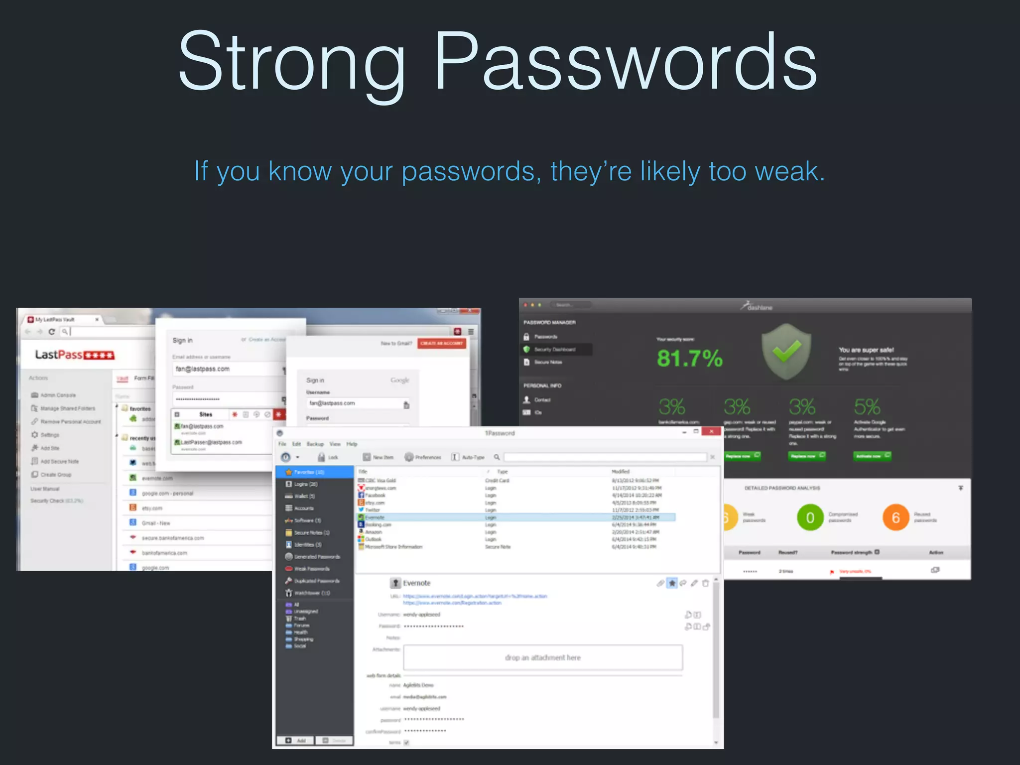 If you know your passwords, they’re likely too weak.
Strong Passwords
 