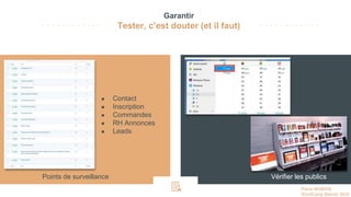 Pierre MOBIAN
WordCamp Biarritz 2023
Garantir
Tester, c’est douter (et il faut)
Points de surveillance Vérifier les publics
● Contact
● Inscription
● Commandes
● RH Annonces
● Leads
 