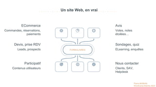 Pierre MOBIAN
WordCamp Biarritz 2023
Un site Web, en vrai
ECommerce
Commandes, réservations,
paiements
Avis
Votes, notes
étoilées…
Devis, prise RDV
Leads, prospects
Sondages, quiz
ELearning, enquêtes
Participatif
Contenus utilisateurs
Nous contacter
Clients, SAV,
Helpdesk
Pierre MOBIAN
WordCamp Biarritz 2023
FORMULAIRES
Text 1 Text 2 Text 3
Text 4 Text 5 Text 6
 
