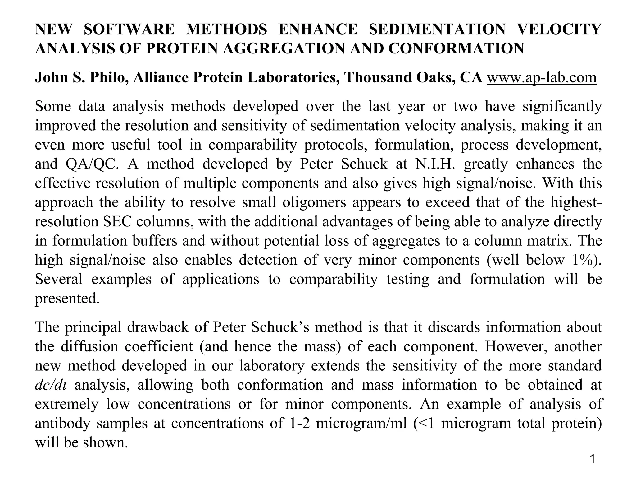 New Software Methods Enhance Sedimentation Velocity Analysis of Protein