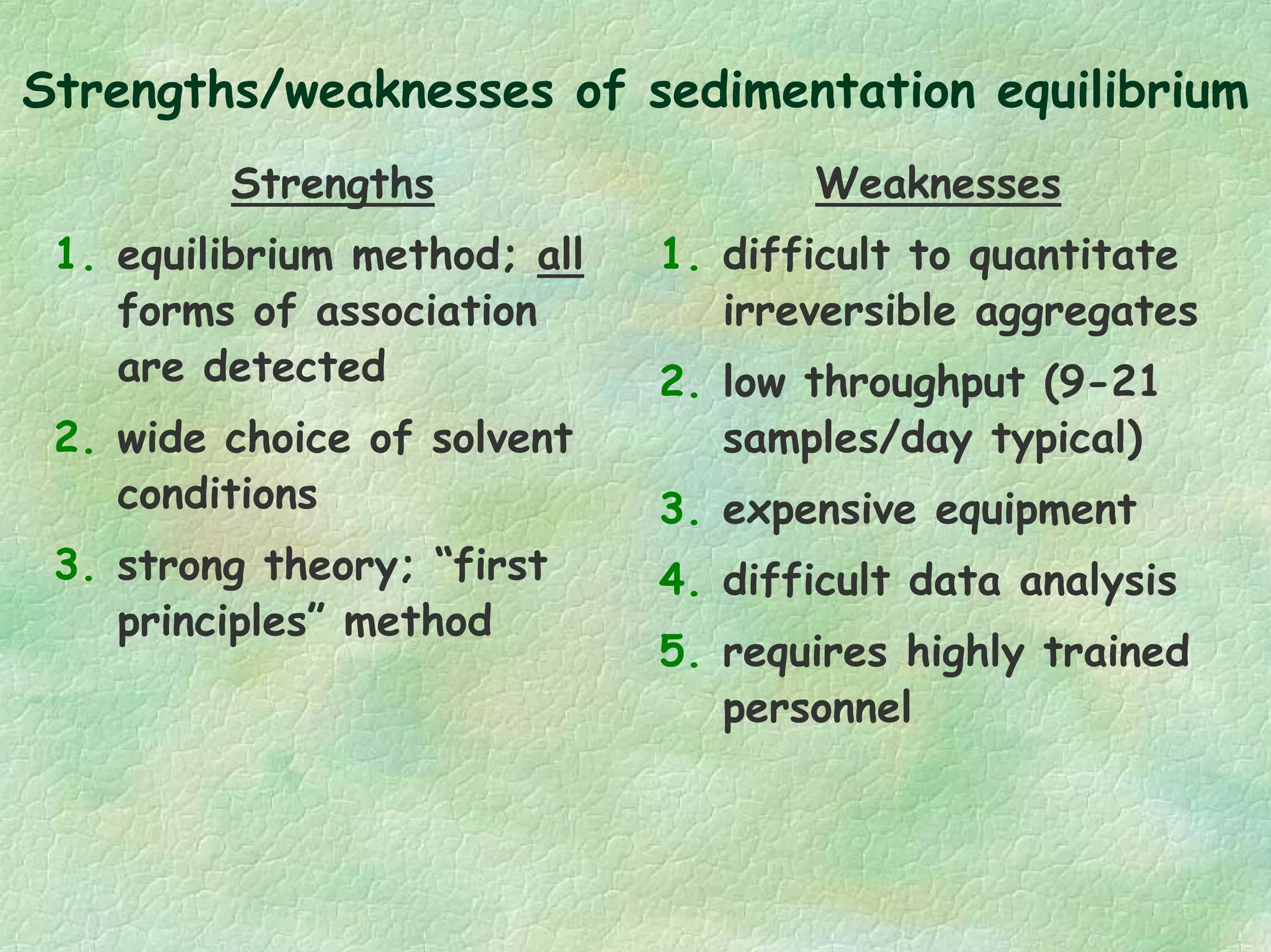 Strengths/weaknesses of sedimentation equilibrium
Strengths
1. equilibrium method; all
forms of association
are detected
2. wide choice of solvent
conditions
3. strong theory; “first
principles” method
Weaknesses
1. difficult to quantitate
irreversible aggregates
2. low throughput (9-21
samples/day typical)
3. expensive equipment
4. difficult data analysis
5. requires highly trained
personnel
 