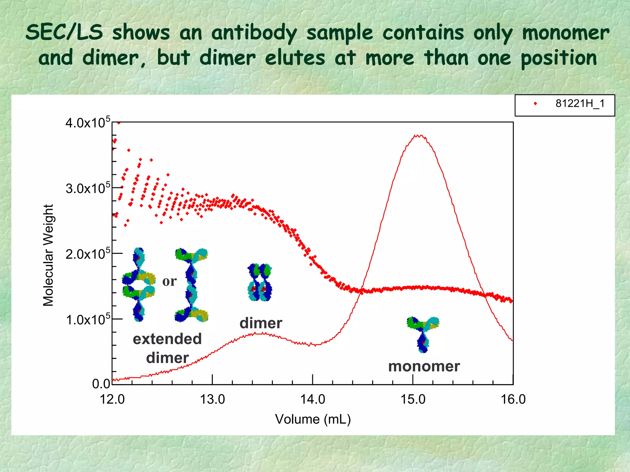 0.0
5
1.0x10
5
2.0x10
5
3.0x10
5
4.0x10
12.0 13.0 14.0 15.0 16.0
MolecularWeight
Volume (mL)
81221H_1
or
extended
dimer
dimer
monomer
SEC/LS shows an antibody sample contains only monomer
and dimer, but dimer elutes at more than one position
 