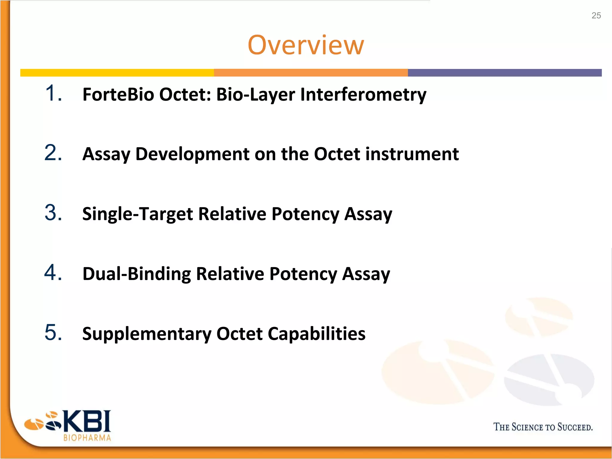 Overview
1. ForteBio Octet: Bio-Layer Interferometry
2. Assay Development on the Octet instrument
3. Single-Target Relative Potency Assay
4. Dual-Binding Relative Potency Assay
5. Supplementary Octet Capabilities
25
 