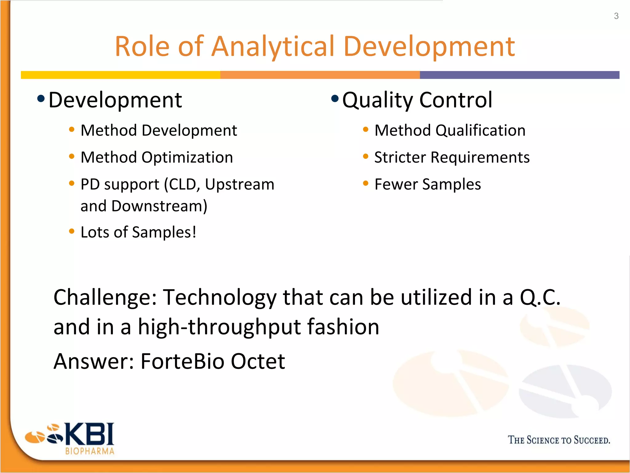 Role of Analytical Development
•Development
• Method Development
• Method Optimization
• PD support (CLD, Upstream
and Downstream)
• Lots of Samples!
•Quality Control
• Method Qualification
• Stricter Requirements
• Fewer Samples
3
Challenge: Technology that can be utilized in a Q.C.
and in a high-throughput fashion
Answer: ForteBio Octet
 
