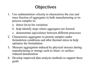 Objectives
1. Use sedimentation velocity to characterize the size and
mass fraction of aggregates in bulk manufacturing or...