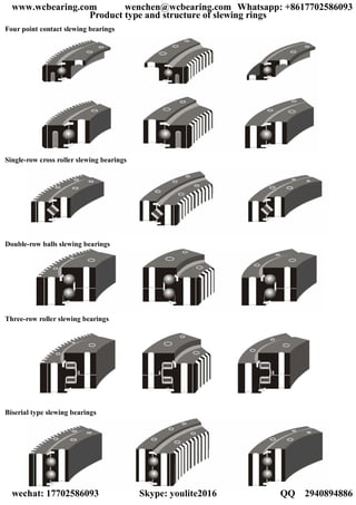 Product type and structure of slewing rings
Four point contact slewing bearings
Single-row cross roller slewing bearings
Double-row balls slewing bearings
Three-row roller slewing bearings
Biserial type slewing bearings
www.wcbearing.com wenchen@wcbearing.com Whatsapp: +8617702586093
wechat: 17702586093 Skype: youlite2016 QQ：2940894886
 