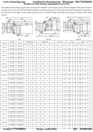 Double-row ball slewing ring(Standard series 02)
The double-row ball slewing ring has three seat-rings.The steel balls and the spacers may be directly arranged into the upper and lower
raceways.Two rows of steel balls with different diameters are fitted according to the load. Such open mode fitting features extraordinary
convenience.The load angles of both upper and lower races are 90,which enable the bearing to bear large axial force and the tilting
moment.
020 021,022 023,024
Basic type Configuration size Mounting size Gear data Ext gear Int gear
Toothless Ext tooth Int tooth D mm d mm H D1 D2 n dn1 b X m De mm Z mm De mm Z
Weig
ht
020.25.500
021.25.500
022.25.500
023.25.500
024.25.500
616 384 106 580 420 20 18 60 +0.5
5
6
644
646.8
126
105
357
350.4
72
59
100
020.25.560
021.25.560
022.25.560
023.25.560
024.25.560
676 444 106 640 480 20 18 60 +0.5
5
6
704
706.8
138
115
417
410.4
84
69
115
020.25.630
021.25.630
022.25.630
023.25.630
024.25.630
746 514 106 710 550 24 18 60 +0.5
6
8
790.8
790.4
129
96
482.4
475.2
81
60
130
020.25.710
021.25.710
022.25.710
023.25.710
024.25.710
826 594 106 790 630 24 18 60 +0.5
6
8
862.8
862.4
141
105
560.4
555.2
94
70
140
020.30.800
021.30.800
022.30.800
023.30.800
024.30.800
942 658 124 898 702 30 22 80 +0.5
8
10
982.4
988
120
96
619.2
614
78
62
200
020.30.900 021.30.900
022.30.900
023.30.900
024.30.900
1042 758 124 998 802 30 22 80 +0.5
8
10
1086.4
1088
133
106
715.2
714
90
72
250
020.30.1000 021.30.1000
022.30.1000
023.30.1000
024.30.1000
1142 858 124 1098 902 36 22 80 +0.5
10
12
1198
1197.6
117
97
814
796.8
82
67
300
020.30.1120 021.30.1120
022.30.1120
023.30.1120
024.30.1120
1262 978 124 1218 1022 36 22 80 +0.5
10
12
1318
1317.6
129
107
924
916.8
93
77
340
020.40.1250
021.40.1250
022.40.1250
023.40.1250
024.40.1250
1426 1074 160 1374 1126 40 26 90 +0.5
12
14
1497.6
1495.2
122
104
1012.8
1013.6
85
73
580
020.40.1400
021.40.1400
022.40.1400
023.40.1400
024.40.1400
1576 1224 160 1524 1272 40 26 90 +0.5
12
14
1641.6
1649.2
134
115
1156.8
1153.6
97
83
650
020.40.1600
021.40.1600
022.40.1600
023.40.1600
024.40.1600
1776 1424 160 1724 1476 45 26 90 +0.5
14
16
1845.2
1852.8
129
113
1349.6
1350.4
97
85
750
020.40.1800
021.40.1800
022.40.1800
023.40.1800
024.40.1800
1976 1624 160 1924 1676 45 26 90 +0.5
14
16
2055.2
2060.8
144
126
1545.6
1542.4
111
97
820
020.50.2000
021.50.2000
022.50.2000
023.50.2000
024.50.2000
2215 1785 190 2149 1851 48 33 120 +0.5
16
18
2300.8
2300.4
141
125
1702.4
1699.2
107
95
1150
020.50.2240
021.50.2240
022.50.2240
023.50.2240
024.50.2240
2455 2025 190 2389 2091 48 33 120 +0.5
16
18
2540.8
2552.4
156
139
1942.4
1933.2
122
108
1500
020.50.2500
021.50.2500
022.50.2500
023.50.2500
024.50.2500
2715 2285 190 2649 2351 56 33 120 +0.5
18
20
2804.4
2816
153
138
2203.2
2188
123
110
1700
020.50.2800
021.50.2800
022.50.2800
023.50.2800
024.50.2800
3015 2585 190 2949 2651 56 33 120 +0.5
18
20
3110.4
3116
170
153
2491.2
2488
139
125
1900
020.60.3150
021.60.3150
022.60.3150
023.60.3150
024.60.3150
3428 2872 226 3338 2962 56 45 150 +0.5
20
22
3536
3537.6
174
158
2768
2758.8
139
126
3300
020.60.3550
021.60.3550
022.60.3550
023.60.3550
024.60.3550
3828 3272 226 3738 3362 56 45 150 +0.5
20
22
3936
3933.6
194
176
3168
3176.8
159
145
3700
020.60.4000
021.60.4000
022.60.4000
023.60.4000
024.60.4000
4278 3722 226 4188 3812 60 45 150 +0.5
22
25
4395.6
4395
197
173
3616.8
3610
165
145
4200
020.60.4500
021.60.4500
022.60.4500
023.60.4500
024.60.4500
4778 4222 226 4688 4312 60 45 150 +0.5
22
25
4879.6
4895
219
193
4122.8
4110
188
165
4700
www.wcbearing.com wenchen@wcbearing.com Whatsapp: +8617702586093
wechat: 17702586093 Skype: youlite2016 QQ：2940894886
 