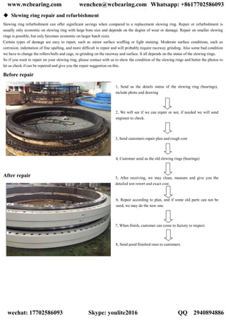  Slewing ring repair and refurbishment
Slewing ring refurbishment can offer significant savings when compared to a replacement slewing ring. Repair or refurbishment is
usually only economic on slewing ring with large bore size and depends on the degree of wear or damage. Repair on smaller slewing
rings is possible, but only becomes economic on larger batch sizes.
Certain types of damage are easy to repair, such as minor surface scuffing or light staining. Moderate surface conditions, such as
corrosion, indentation of fine spalling, and more difficult to repair and will probably require raceway grinding. Also some bad condition
we have to change the rollers/balls and cage, re-grinding on the raceway and surface. It all depends on the status of the slewing rings.
So if you want to repair on your slewing ring, please contact with us to show the condition of the slewing rings and better the photos to
let us check if can be repaired and give you the repair suggestion on this.
Before repair
After repair
1, Send us the details status of the slewing ring (bearings),
include photo and drawing
2, We will see if we can repair or not, if needed we will send
engineer to check.
3, Send customers repair plan and rough cost
4, Customer send us the old slewing rings (bearings)
5, After receiving, we may clean, measure and give you the
detailed test report and exact cost.
6, Repair according to plan, and if some old parts can not be
used, we may do the new one.
7, When finish, customer can come to factory to inspect.
8, Send good finished ones to customers.
www.wcbearing.com wenchen@wcbearing.com Whatsapp: +8617702586093
wechat: 17702586093 Skype: youlite2016 QQ：2940894886
 