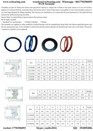 WCB Turntable
Turntables are part for fitting onto trailers and agricultural vehicles to connect the A-frame to the trailer chassis so it can swivel.Their
purpose is to transmit both the axial load, thrust and traction forces. None of their parts is susceptible to wear. Each turntable consists of
two steel rings designed for flange mounting. The raceways are machined so as to ensure that the load transmission is favorable directed
between the antifriction bearing steel balls
that are fitted. An initial filling of grease protects the raceway system.
WCB supply included:
·Standard/ Low-maintenance ·Drilled/ Undrilled ·Primed
The turntables are supplied as either undrilled or drilled bearings with the standard type being filled with lithium-saponified grease and
the low-maintenance type. Every turntable is coated with a primer and can therefore be painted at the same time as the trailer. The primer
is based on a synthetic resin compound.
A B C D E F h H d Weight
Spec
mm mm mm mm mm mm mm mm mm kg
UA1208SB 1208 1195 1160 1174 1070 1046 17 94 22.225 114
UA1110SB 1102 1110 1060 1074 968 945 15 90 22.225 98
UA1015SB 1000 1015 962 976 885 860 14 80 19.05 72
UA895SB 880 895 852 866 778 754 13 80 15.875 60
UA700SB 685 700 657 671 579 563 13 80 15.875 45
A B C D E F h H d Weight
Spec
mm mm mm mm mm mm mm mm mm kg
UA1022SB 1022 1013 980 975 884 861 14.5 85 19.05 85
A B C D E F N H d1 d2 Weight
Spec
mm mm mm mm mm mm mm mm mm mm kg
UA1208DB 1195 1208 1160 1175 1079 1042 17 94 22.225 15.875 118
UA1110DB 1102 1110 1060 1074 975 940 15 90 22.225 15.875 100
UA1000DB 1000 1000 964 964 866 834 14 90 17.46 12.7 88
www.wcbearing.com wenchen@wcbearing.com Whatsapp: +8617702586093
wechat: 17702586093 Skype: youlite2016 QQ：2940894886
 