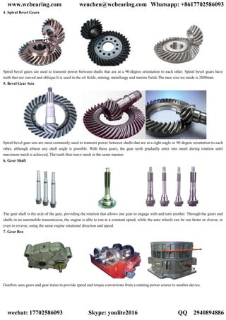 4. Spiral Bevel Gears
Spiral bevel gears are used to transmit power between shafts that are at a 90-degree orientation to each other. Spiral bevel gears have
teeth that are curved and oblique.It is used in the oil fields, mining, metallurgy and marine fields.The max size we made is 2000mm.
5. Bevel Gear Sets
Spiral bevel gear sets are most commonly used to transmit power between shafts that are at a right angle or 90 degree orientation to each
other, although almost any shaft angle is possible. With these gears, the gear teeth gradually enter into mesh during rotation until
maximum mesh is achieved, The teeth then leave mesh in the same manner.
6. Gear Shaft
The gear shaft is the axle of the gear, providing the rotation that allows one gear to engage with and turn another. Through the gears and
shafts in an automobile transmission, the engine is able to run at a constant speed, while the auto wheels can be run faster or slower, or
even in reverse, using the same engine rotational direction and speed.
7. Gear Box
Gearbox uses gears and gear trains to provide speed and torque conversions from a rotating power source to another device.
www.wcbearing.com wenchen@wcbearing.com Whatsapp: +8617702586093
wechat: 17702586093 Skype: youlite2016 QQ：2940894886
 