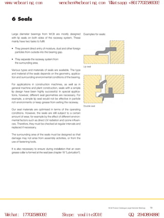 WCB Product Catalogue Large Diameter Bearings 19
Large diameter bearings from WCB are mostly designed
with lip seals on both sides of the raceway system. These
mainly have two tasks to fulfil:
•	 They prevent direct entry of moisture, dust and other foreign
particles from outside into the bearing gap.
•	 They separate the raceway system from	
the surrounding area.
Various types and materials of seals are available. The type
and material of the seals depends on the geometry, applica-
tion and surrounding environmental conditions of the bearing.
For applications in construction machines, as well as in
general machine and plant construction, seals with a simple
lip design have been highly successful. In special applica-
tions, however, different seal geometries are necessary. For
example, a simple lip seal would not be effective in particle
rich environments or keep grease from exiting the raceway.
Our seal materials are optimised in terms of the operating
conditions. However, the seals are still subject to a certain
amount of wear, for example by the effect of different environ-
mental factors such as direct UV radiation and ozone influen-
ces. Therefore, they must be checked at regular intervals and
replaced if necessary.
The surrounding area of the seals must be designed so that
damage may not arise from assembly activities, or from the
use of fastening tools.
It is also necessary to ensure during installation that an even
grease collar is formed at the seal (see chapter 18 "Lubrication").
Examples for seals:
6 Seals
Double seal
Lip seal
www.wcbearing.com wenchen@wcbearing.com Whatsapp:+8617702586093
Wechat: 17702586093 Skype: youlite2016 QQ: 2940894886
 
