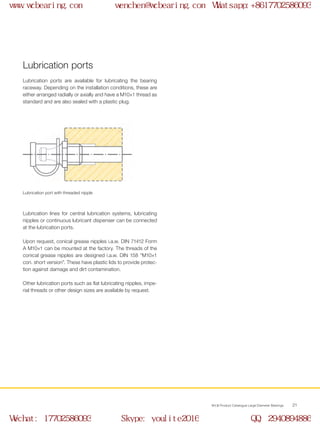 WCB Product Catalogue Large Diameter Bearings 21
Lubrication ports are available for lubricating the bearing
raceway. Depending on the installation conditions, these are
either arranged radially or axially and have a M10×1 thread as
standard and are also sealed with a plastic plug.
Lubrication ports
Lubrication port with threaded nipple
Lubrication lines for central lubrication systems, lubricating
nipples or continuous lubricant dispenser can be connected
at the lubrication ports.
Upon request, conical grease nipples i.a.w. DIN 71412 Form
A M10×1 can be mounted at the factory. The threads of the
conical grease nipples are designed i.a.w. DIN 158 ”M10×1
con. short version”. These have plastic lids to provide protec-
tion against damage and dirt contamination.
Other lubrication ports such as flat lubricating nipples, impe-
rial threads or other design sizes are available by request.
www.wcbearing.com wenchen@wcbearing.com Whatsapp:+8617702586093
Wechat: 17702586093 Skype: youlite2016 QQ: 2940894886
 