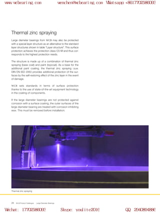WCB Product Catalogue Large Diameter Bearings28
Thermal zinc spraying
Large diameter bearings from WCB may also be protected
with a special layer structure as an alternative to the standard
layer structures shown in table "Layer structure". This surface
protection achieves the protection class C5-M and thus cor-
responds to the highest protection needs.
The structure is made up of a combination of thermal zinc
spraying (base coat) and paint (topcoat). As a base for the
additional paint coating, the thermal zinc spraying i.a.w.
DIN EN ISO 2063 provides additional protection of the sur-
faces by the self-restoring effect of the zinc layer in the event
of damage.
WCB sets standards in terms of surface protection
thanks to the use of state-of-the-art equipment technology
in the coating of components.
If the large diameter bearings are not protected against
corrosion with a surface coating, the outer surfaces of the
large diameter bearing are treated with corrosion inhibiting
wax. This must be removed before installation.
Thermal zinc spraying
www.wcbearing.com wenchen@wcbearing.com Whatsapp:+8617702586093
Wechat: 17702586093 Skype: youlite2016 QQ: 2940894886
 