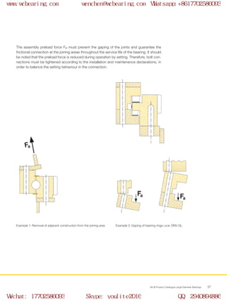 WCB Product Catalogue Large Diameter Bearings 37
The assembly preload force FM must prevent the gaping of the joints and guarantee the
frictional connection at the joining areas throughout the service life of the bearing. It should
be noted that the preload force is reduced during operation by setting. Therefore, bolt con-
nections must be tightened according to the installation and maintenance declarations, in
order to balance the setting behaviour in the connection.
Example 1: Removal of adjacent construction from the joining area Example 2: Gaping of bearing rings i.a.w. DNV GL
www.wcbearing.com wenchen@wcbearing.com Whatsapp:+8617702586093
Wechat: 17702586093 Skype: youlite2016 QQ: 2940894886
 