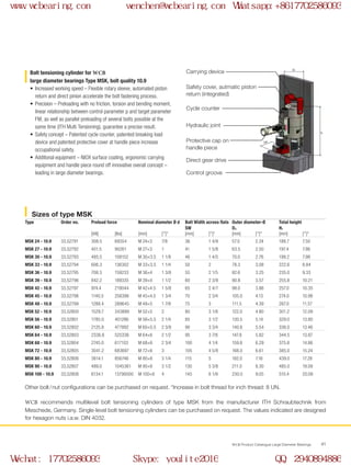 WCB Product Catalogue Large Diameter Bearings 41
Carrying device
Safety cover, autmatic piston
return (integrated)
Hydraulic joint
Protective cap on
handle piece
Direct gear drive
Control groove
Cycle counter
Sizes of type MSK
Type Order no. Preload force Nominal diameter Ø d Bolt Width across flats
SW
Outer diameter-Ø
D3
Total height
H1
[kN] [lbs] [mm] ['']* [mm] ['']* [mm] ['']* [mm] ['']*
MSK 24 - 10.9 33,52791 308.5 69354 M 24×3 7/8 36 1 4/9 57.0 2.24 188.7 7.50
MSK 27 - 10.9 33,52792 401.5 90261 M 27×3 1 41 1 5/8 63.5 2.50 197.4 7.86
MSK 30 - 10.9 33,52793 485.5 109152 M 30×3.5 1 1/8 46 1 4/5 70.0 2.76 199.2 7.98
MSK 33 - 10.9 33,52794 606.3 136302 M 33×3.5 1 1/4 50 2 78.3 3.08 222.6 8.84
MSK 36 - 10.9 33,52795 708.3 159233 M 36×4 1 3/8 55 2 1/5 82.6 3.25 235.0 9.33
MSK 39 - 10.9 33,52796 842.2 189335 M 39×4 1 1/2 60 2 3/8 90.8 3.57 255.8 10.21
MSK 42 - 10.9 33,52797 974.4 219044 M 42×4.5 1 5/8 65 2 4/7 98.0 3.86 257.0 10.35
MSK 45 - 10.9 33,52798 1140.5 256396 M 45×4.5 1 3/4 70 2 3/4 105.0 4.13 274.0 10.98
MSK 48 - 10.9 33,52799 1288.4 289645 M 48×5 1 7/8 75 3 111.5 4.39 287.0 11.57
MSK 52 - 10.9 33,52800 1529.7 343899 M 52×5 2 80 3 1/8 122.0 4.80 301.2 12.09
MSK 56 - 10.9 33,52801 1785.0 401286 M 56×5.5 2 1/4 85 3 1/2 130.5 5.14 329.0 13.80
MSK 60 - 10.9 33,52802 2125.8 477892 M 60×5.5 2 3/8 90 3 3/4 140.8 5.54 336.0 13.46
MSK 64 - 10.9 33,52803 2336.8 525336 M 64×6 2 1/2 95 3 7/8 147.8 5.82 344.5 13.87
MSK 68 - 10.9 33,52804 2745.0 617103 M 68×6 2 3/4 100 4 1/4 159.8 6.29 375.8 14.86
MSK 72 - 10.9 33,52805 3041.2 683697 M 72×6 3 105 4 5/8 168.0 6.61 385.0 15.24
MSK 80 - 10.9 33,52806 3814.1 856746 M 80×6 3 1/4 115 5 182.0 7.16 439.0 17.28
MSK 90 - 10.9 33,52807 489.0 1045361 M 90×6 3 1/2 130 5 3/8 211.0 8.30 485.0 19.09
MSK 100 - 10.9 33,52808 6134.1 13790000 M 100×6 4 145 6 1/8 230.0 9.05 510.4 20.08		
Bolt tensioning cylinder for WCB
large diameter bearings Type MSK, bolt quality 10.9
•	 Increased working speed – Flexible rotary sleeve, automated piston
return and direct pinion accelerate the bolt fastening process.
•	 Precision – Preloading with no friction, torsion and bending moment,
linear relationship between control parameter p and target parameter
FM, as well as parallel preloading of several bolts possible at the
same time (ITH Multi Tensioning), guarantee a precise result.
•	 Safety concept – Patented cycle counter, patented breaking load
device and patented protective cover at handle piece increase
occupational safety.
•	 Additional equipment – NIOX surface coating, ergonomic carrying
equipment and handle piece round off innovative overall concept –
leading in large diameter bearings.  
Other bolt/nut configurations can be purchased on request. *Increase in bolt thread for inch thread: 8 UN.
WCB recommends multilevel bolt tensioning cylinders of type MSK from the manufacturer ITH Schraubtechnik from
Meschede, Germany. Single-level bolt tensioning cylinders can be purchased on request. The values indicated are designed
for hexagon nuts i.a.w. DIN 4032.
www.wcbearing.com wenchen@wcbearing.com Whatsapp:+8617702586093
Wechat: 17702586093 Skype: youlite2016 QQ: 2940894886
 