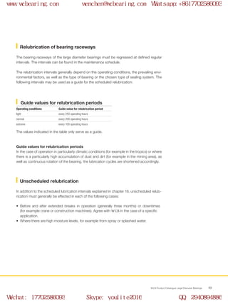 WCB Product Catalogue Large Diameter Bearings 49
The bearing raceways of the large diameter bearings must be regreased at defined regular
intervals. The intervals can be found in the maintenance schedule.
The relubrication intervals generally depend on the operating conditions, the prevailing envi-
ronmental factors, as well as the type of bearing or the chosen type of sealing system. The
following intervals may be used as a guide for the scheduled relubrication:
Guide values for relubrication periods
In the case of operation in particularly climatic conditions (for example in the tropics) or where
there is a particularly high accumulation of dust and dirt (for example in the mining area), as
well as continuous rotation of the bearing, the lubrication cycles are shortened accordingly.
The values indicated in the table only serve as a guide.
In addition to the scheduled lubrication intervals explained in chapter 18, unscheduled relub-
rication must generally be effected in each of the following cases: 		
• Before and after extended breaks in operation (generally three months) or downtimes
(for example crane or construction machines). Agree with WCB in the case of a specific
application.
• Where there are high moisture levels, for example from spray or splashed water.
Guide values for relubrication periods
Operating conditions Guide value for relubrication period
light every 250 operating hours
normal every 200 operating hours
extreme every 100 operating hours
Relubrication of bearing raceways
Unscheduled relubrication
www.wcbearing.com wenchen@wcbearing.com Whatsapp:+8617702586093
Wechat: 17702586093 Skype: youlite2016 QQ: 2940894886
 