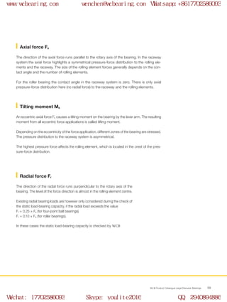WCB Product Catalogue Large Diameter Bearings 59
The direction of the axial force runs parallel to the rotary axis of the bearing. In the raceway
system the axial force highlights a symmetrical pressure-force distribution to the rolling ele-
ments and the raceway. The size of the rolling element forces generally depends on the con-
tact angle and the number of rolling elements.
For the roller bearing the contact angle in the raceway system is zero. There is only axial
pressure-force distribution here (no radial force) to the raceway and the rolling elements.
An eccentric axial force Fa causes a tilting moment on the bearing by the lever arm. The resulting
moment from all eccentric force applications is called tilting moment.
Depending on the eccentricity of the force application, different zones of the bearing are stressed.
The pressure distribution to the raceway system is asymmetrical.
The highest pressure force affects the rolling element, which is located in the crest of the pres-
sure-force distribution.
The direction of the radial force runs purpendicular to the rotary axis of the
bearing. The level of the force direction is almost in the rolling element centre.
Existing radial bearing loads are however only considered during the check of
the static load-bearing capacity, if the radial load exceeds the value
Fr = 0.25 × Fa (for four-point ball bearings)
Fr = 0.10 × Fa (for roller bearings).
In these cases the static load-bearing capacity is checked by WCB
Axial force Fa
Tilting moment Mk
Radial force Fr
www.wcbearing.com wenchen@wcbearing.com Whatsapp:+8617702586093
Wechat: 17702586093 Skype: youlite2016 QQ: 2940894886
 