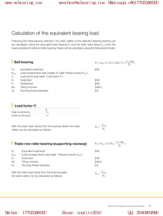 WCB Product Catalogue Large Diameter Bearings 61
Following the initial bearing selection, the static safety of the selected slewing bearing can
be calculated. Using the equivalent load bearing P0 and the static load rating Cstat from the
bearing tables for ball and roller bearing, these can be calculated using the following formulas.
With the static load rating from the bearing tables the static
safety can be calculated as follows:
P0: 	 equivalent axial load 	 [kN]
Krep: 	 Load increase factor (see chapter 13, table "Influence factor Krep")
f1: 	 Load factor (see table "Load factor f1")
Fa: 	 Axial load 	 [kN]
Fr: 	 Radial load 	 [kN]
Mk: 	 Tilting moment 	 [kNm]
DL: 	 Running thread diameter 	 [m]
P0: 	 Equivalent axial load 	 [kN]
Krep: 	 Load increase factor (see table "Influence factor Krep")
Fa: 	 Axial load 	 [kN]
Mk: 	 Tilting moment 	 [kNm]
DL: 	 Running thread diameter 	 [m]
With the static load rating from the bearing tables
the static safety can be calculated as follows:
Calculation of the equivalent bearing load
Load factor f1
f1
Single-row ball bearing 1.0
Double-row ball bearing 1.4
P0 = Krep ×1.3 (Fa+ )
4 × Mk
DL
P0 = Krep × f1 (Fa+1.93 × Fr + )4 × Mk
DL
S0 =
Cstat
P0
S0 =
Cstat
P0
Ball bearing
Triple-row roller bearing (supporting raceway)
www.wcbearing.com wenchen@wcbearing.com Whatsapp:+8617702586093
Wechat: 17702586093 Skype: youlite2016 QQ: 2940894886
 