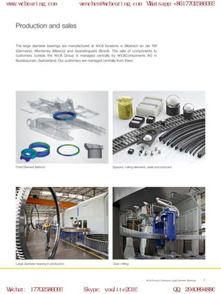 WCB Product Catalogue Large Diameter Bearings 7­
Production and sales
The large diameter bearings are manufactured at WCB locations in Biberach an der Riß
(Germany), Monterrey (Mexico) and Guaratinguetá (Brazil). The sale of components to
customers outside the WCB Group is managed centrally by WCBComponents AG in
Nussbaumen, Switzerland. Our customers are managed centrally from there.
Large diameter bearing in production
Finite Element Method
Gear milling
Spacers, rolling elements, seals and lubricant
www.wcbearing.com wenchen@wcbearing.com Whatsapp:+8617702586093
Wechat: 17702586093 Skype: youlite2016 QQ: 2940894886
 