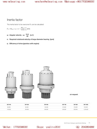 WCB Product Catalogue Large Diameter Bearings 71
ω:	 Angular velocity ω= [s-1]
n:	 Required rotational velocity of large diameter bearing [rpm]
η:	 Efficiency of drive (gearbox with engine)
PB = MReib × ω × η-1
= [kW]
MReib × n
9.55 × η
The inertia factor to be overcome PB can be calculated:
Inertia factor
π×n
30
DAT 450 DAT 500 DAT 600 DAT 700 DAT 800 DAT 1000
60,000 82,000 142,000 210,000 310,000 610,000
120,000 164,000 284,000 420,000 620,000 1,220,000
on request
www.wcbearing.com wenchen@wcbearing.com Whatsapp:+8617702586093
Wechat: 17702586093 Skype: youlite2016 QQ: 2940894886
 