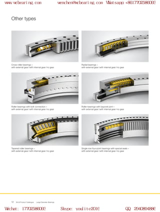 WCB Product Catalogue Large Diameter Bearings12
Other types
Roller bearings with bolt connection –
with external gear / with internal gear / no gear
Tapered roller bearings –
with external gear / with internal gear / no gear
Cross roller bearings –
with external gear / with internal gear / no gear
Roller bearings with bayonet joint –
with external gear / with internal gear / no gear
Single-row four-point bearings with special seals –
with external gear / with internal gear / no gear
Radial bearings –
with external gear / with internal gear / no gear
www.wcbearing.com wenchen@wcbearing.com Whatsapp:+8617702586093
Wechat: 17702586093 Skype: youlite2016 QQ: 2940894886
 