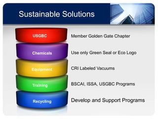 Sustainable Solutions

   USGBC       Member Golden Gate Chapter


   Chemicals   Use only Green Seal or Eco Logo


   Equipment   CRI Labeled Vacuums


   Training    BSCAI, ISSA, USGBC Programs


   Recycling   Develop and Support Programs
 