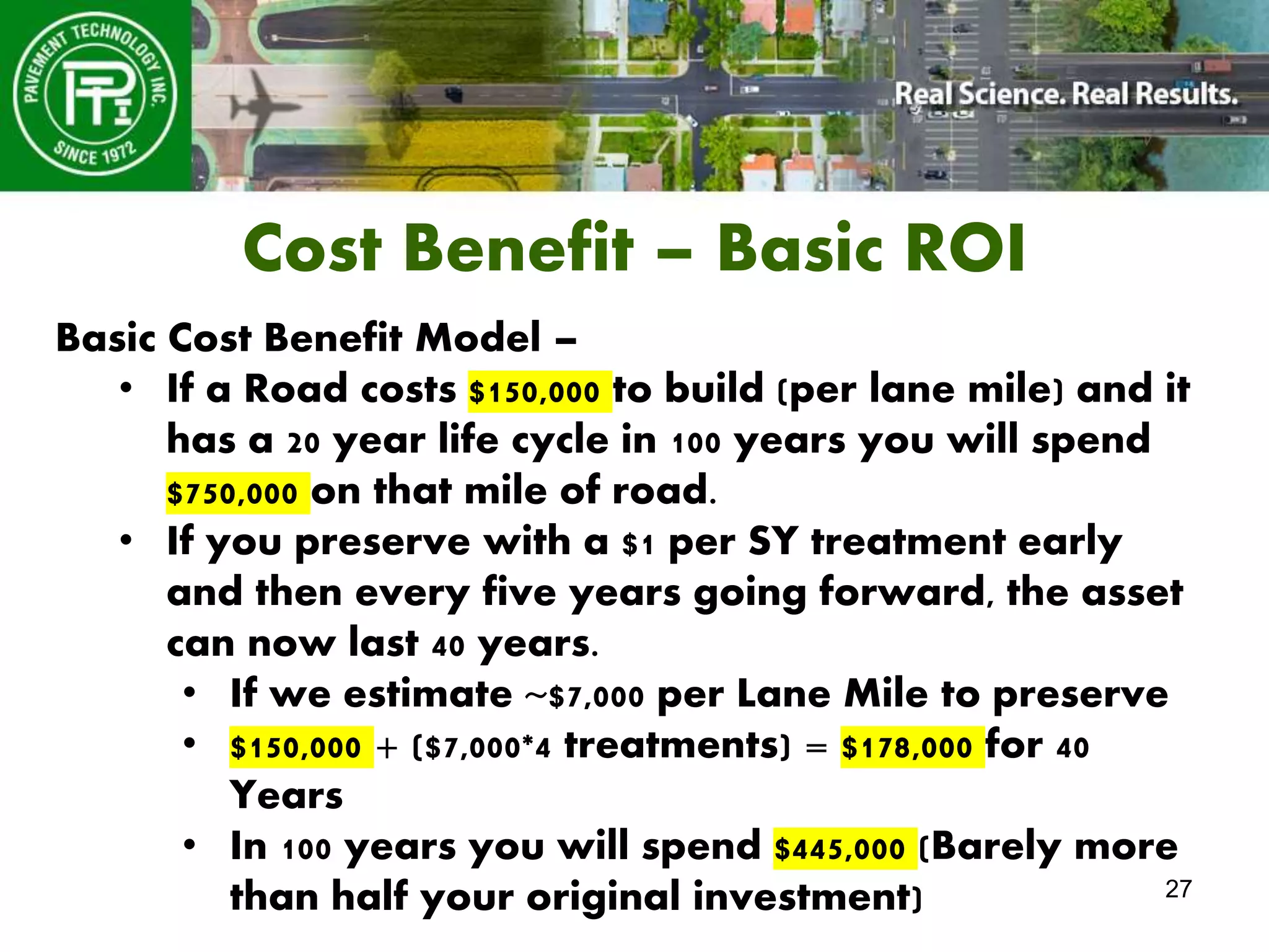 27
Cost Benefit – Basic ROI
Basic Cost Benefit Model –
• If a Road costs $150,000 to build (per lane mile) and it
has a 20 year life cycle in 100 years you will spend
$750,000 on that mile of road.
• If you preserve with a $1 per SY treatment early
and then every five years going forward, the asset
can now last 40 years.
• If we estimate ~$7,000 per Lane Mile to preserve
• $150,000 + ($7,000*4 treatments) = $178,000 for 40
Years
• In 100 years you will spend $445,000 (Barely more
than half your original investment)
 