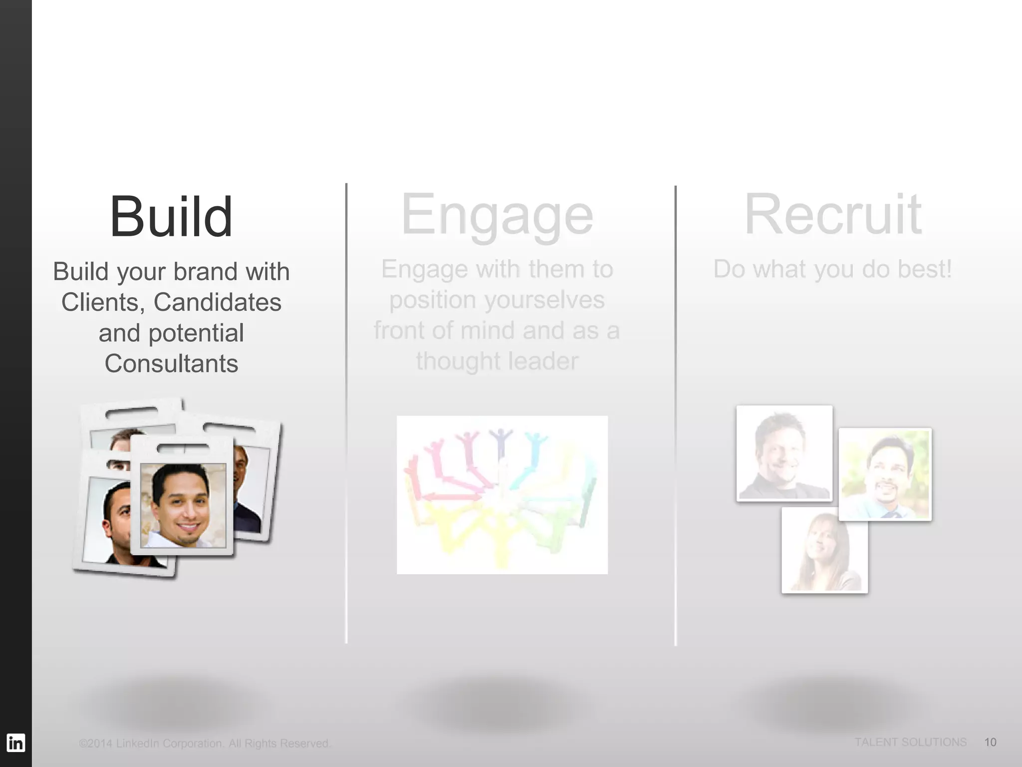 ©2014 LinkedIn Corporation. All Rights Reserved. TALENT SOLUTIONS
Build
Build your brand with
Clients, Candidates
and potential
Consultants
Recruit
Do what you do best!
Engage
Engage with them to
position yourselves
front of mind and as a
thought leader
10
 