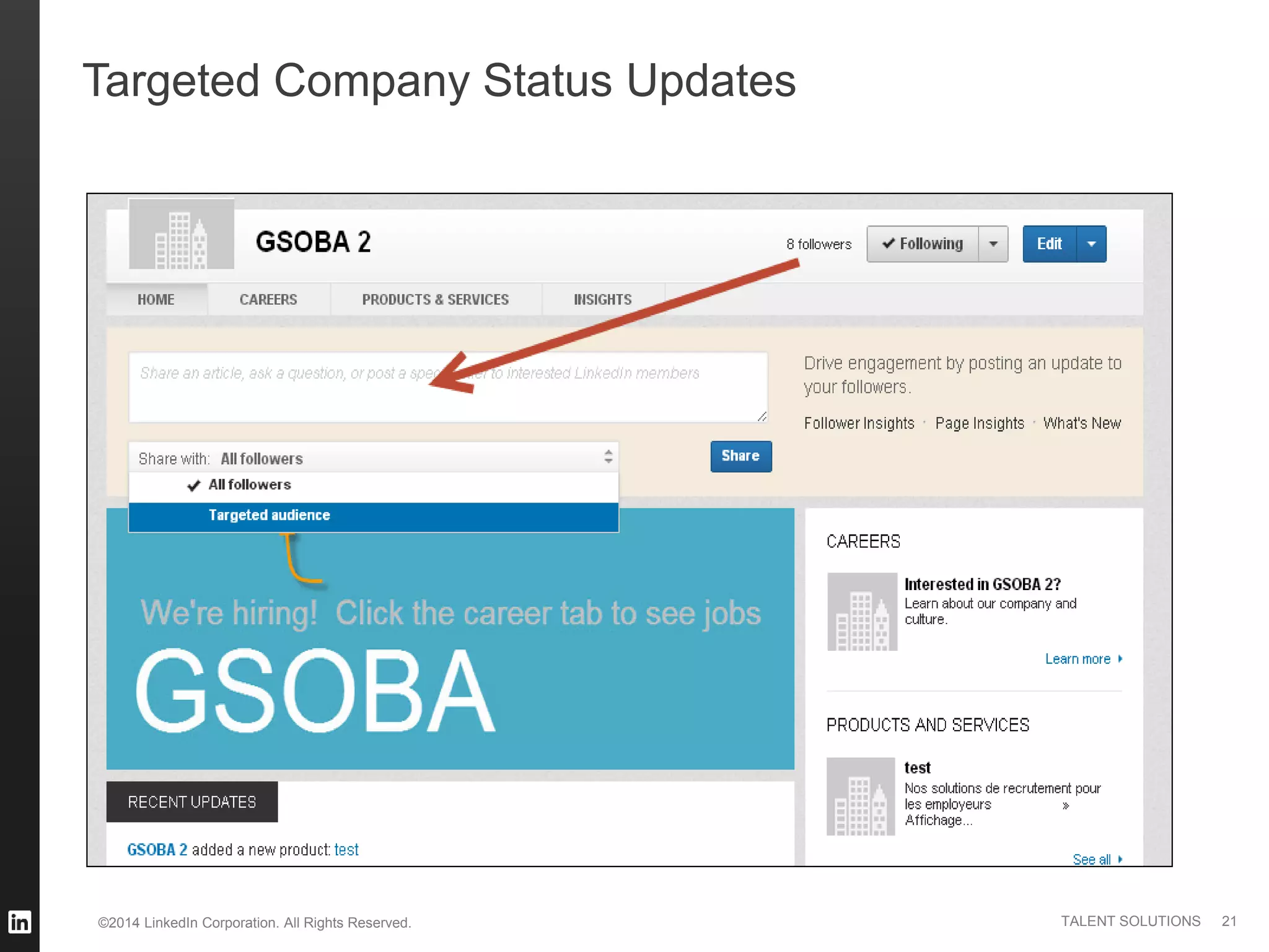 ©2014 LinkedIn Corporation. All Rights Reserved. TALENT SOLUTIONS
Targeted Company Status Updates
21
 