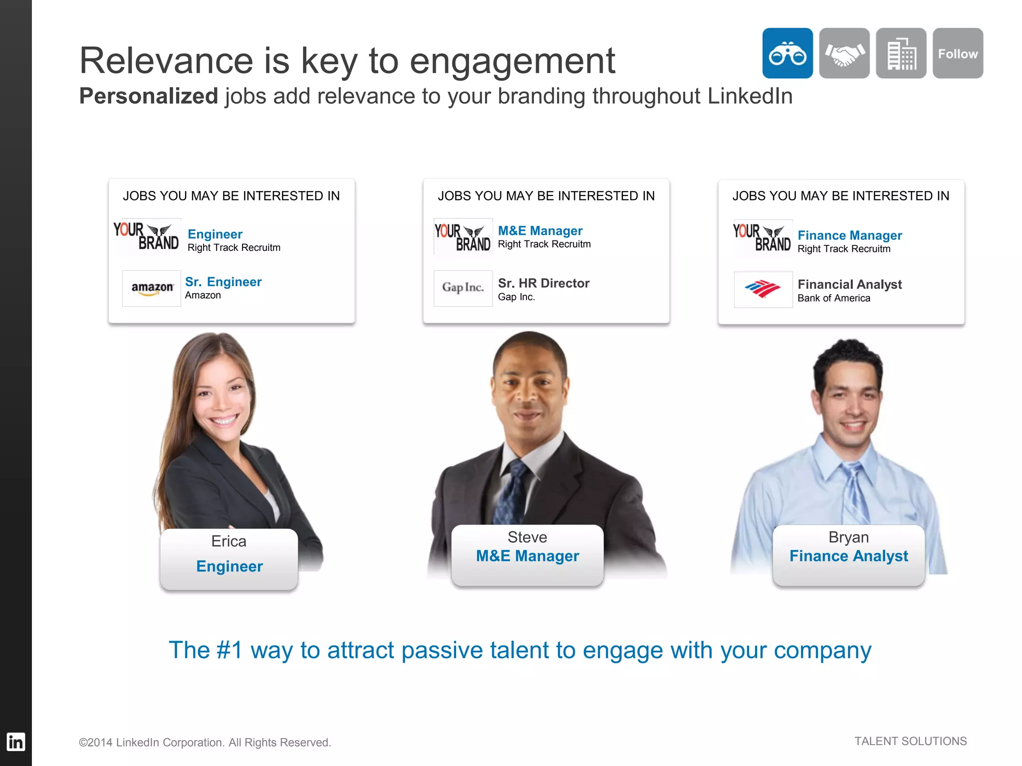 ©2014 LinkedIn Corporation. All Rights Reserved. TALENT SOLUTIONS
Relevance is key to engagement
Personalized jobs add relevance to your branding throughout LinkedIn
Financial Analyst
Bank of America
Sr. HR Director
Gap Inc.Amazon
Sr.
Right Track Recruitm
M&E Manager
Right Track Recruitm
Finance Manager
Engineer
Bryan
Finance Analyst
Erica Steve
M&E Manager
Engineer
Right Track Recruitm
Engineer
JOBS YOU MAY BE INTERESTED INJOBS YOU MAY BE INTERESTED IN JOBS YOU MAY BE INTERESTED IN
The #1 way to attract passive talent to engage with your company
 