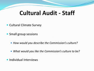 Cultural Agenda
“A high performance culture that collaborates within and
across teams”
Themes* Leadership, Teams, Empowerment,
Communication, Performance Management
Blame = individual accountability – organisation/mgrs
* Common between managers and staff

 