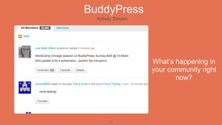 BuddyPress
                Activity Stream




                                  What’s happening in
                                  your community right
                                         now?



New Picture

                      13
 
