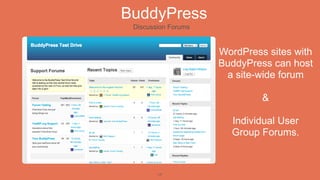 BuddyPress
 Discussion Forums


                     WordPress sites with
                     BuddyPress can host
                      a site-wide forum

                              &

                       Individual User
                       Group Forums.



        17
 