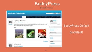 BuddyPress
  Default Theme




                  BuddyPress Default

                      bp-default




       21
 