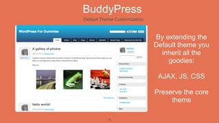 BuddyPress
Default Theme Customization



                              By extending the
                              Default theme you
                                inherit all the
                                  goodies:

                               AJAX, JS, CSS

                              Preserve the core
                                   theme

          23
 