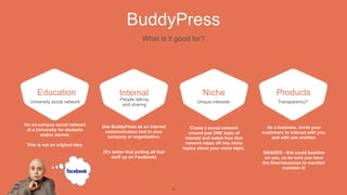 BuddyPress
                                                      What is it good for?




      Education                          Internal                                  Niche                          Products
                                          People talking
  University social network                                                     Unique interests                  Transparency?
                                           and sharing



An on-campus social network      Use BuddyPress as an internal                Create a social network        As a business, invite your
 at a University for students     communication tool in your                 around just ONE topic of      customers to interact with you,
        and/or alumni.             company or organization.                interest and watch how that         and with one another.
 This is not an original idea.                                             network takes off into niche
                                                                          topics about your niche topic.
                                 (It’s better that putting all that                                         DANGER - this could backfire
                                      stuff up on Facebook)                                                 on you, so be sure you have
                                                                                                           the time/resources to monitor/
                                                                                                                     maintain it!




                                                                      9
 