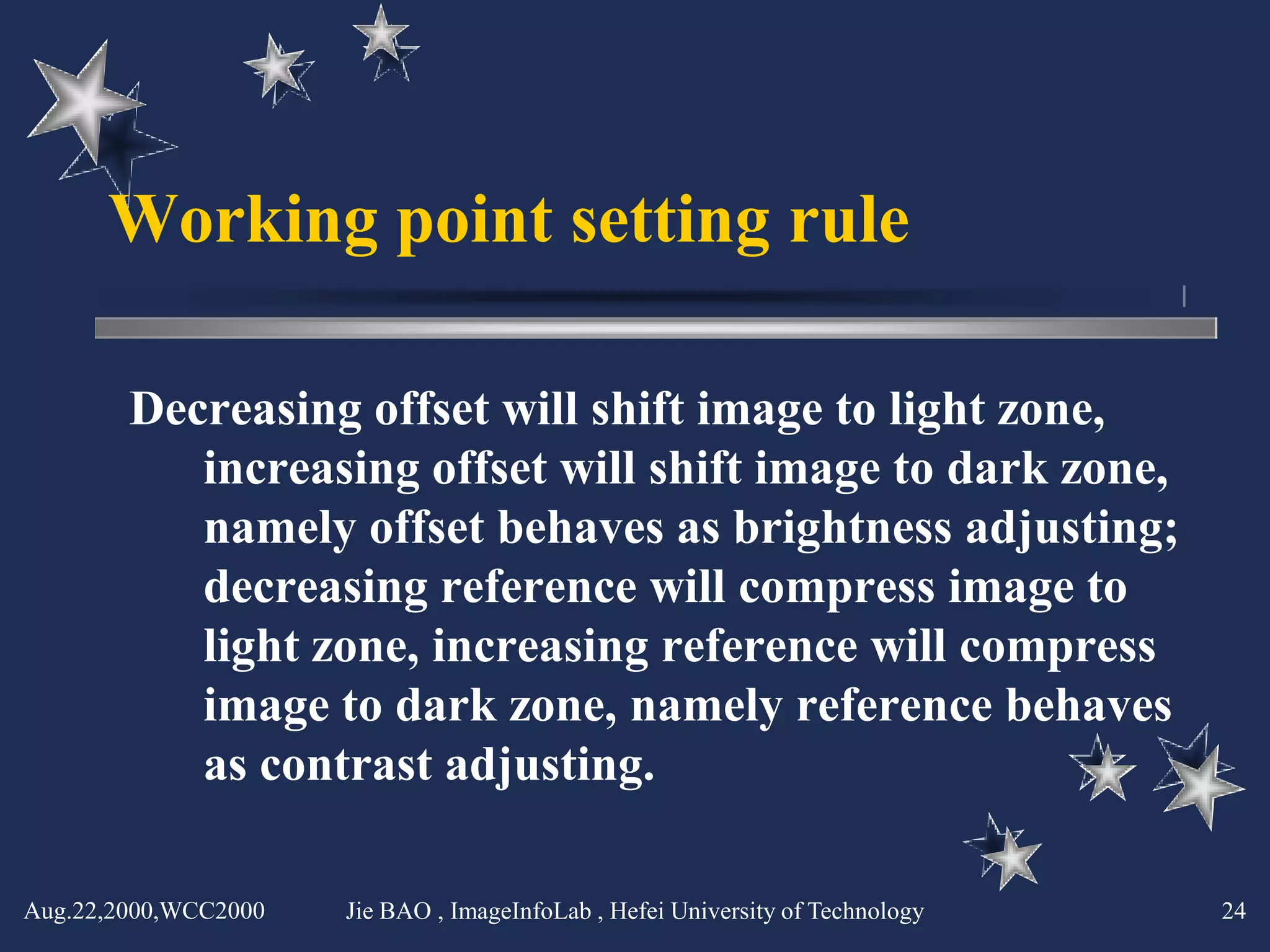 Working point setting rule

        Decreasing offset will shift image to light zone,
           increasing offset will shift image to dark zone,
           namely offset behaves as brightness adjusting;
           decreasing reference will compress image to
           light zone, increasing reference will compress
           image to dark zone, namely reference behaves
           as contrast adjusting.

Aug.22,2000,WCC2000   Jie BAO , ImageInfoLab , Hefei University of Technology   24
 