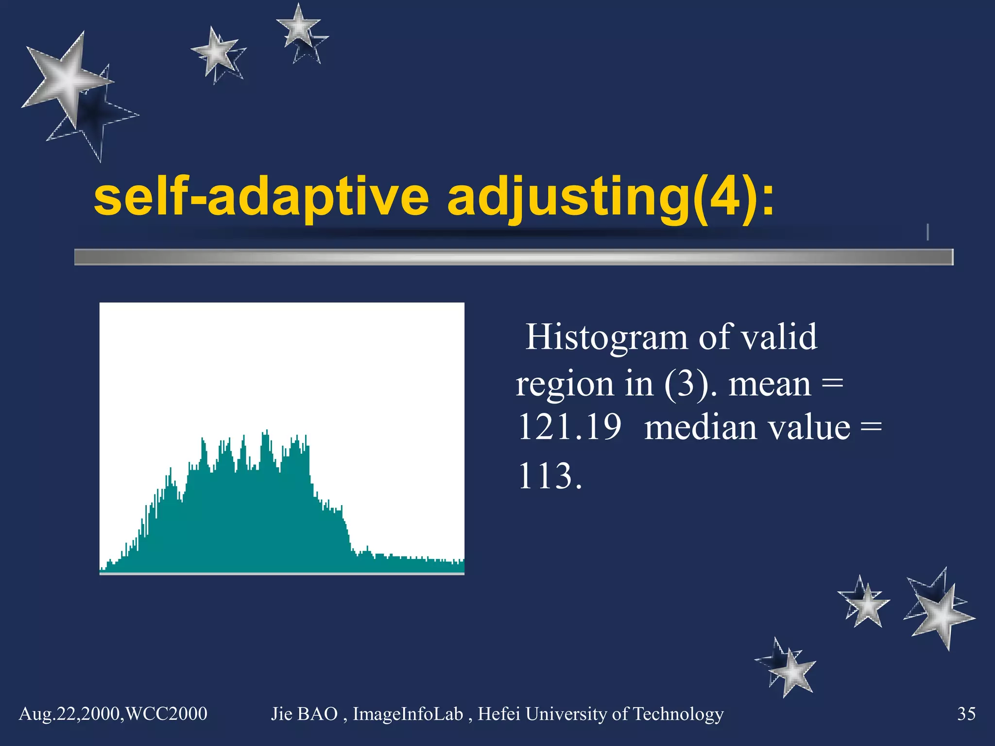 self-adaptive adjusting(4):

                                                    Histogram of valid
                                                   region in (3). mean =
                                                   121.19． median value =
                                                   113.




Aug.22,2000,WCC2000   Jie BAO , ImageInfoLab , Hefei University of Technology   35
 