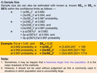 4) Sample Size
Sample size (n) can also be estimated with known s, known SEm or SEs or
SE% within the confidence limits as follows —
n = (s/SEm)2 at 0.682
= (2s/SEm)2 at 0.954, and
= (3s/SEm)2 at 0.997 probability,
n = (s/2SEs)2 at 0.682
=(2s/2SEs)2 at 0.954, and
=(3s/2SEs)2 at 0.997 probability
n = p.q/(SE%)2 at 0.682
= 2p.q/(SE%)2 at 0.954, and
= 3p.q/(SE%)2at 0.997 probability
Example: For s = 3.45 and SEm= 0.25
at 0.682 probability, n = (s/SEm)2 = (3.45/0.25)2 = 190
at 0.954 probability, n = (2s/SEm)2 = (2x3.45/0.25)2= 762
at 0.997 probability, n = (3s/SEm)2 = (3x3.45/0.25)2= 1714
Note:
1. Sometimes, it may so happen that n becomes larger than the population. It is the
major drawback of the methods.
2. However, it should not be used without judgement as this is commonly used in
situations in which population size is uncountably large.
 