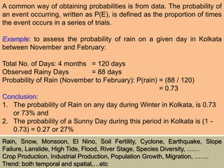 A common way of obtaining probabilities is from data. The probability of
an event occurring, written as P(E), is defined as the proportion of times
the event occurs in a series of trials.
Example: to assess the probability of rain on a given day in Kolkata
between November and February:
Total No. of Days: 4 months = 120 days
Observed Rainy Days = 88 days
Probability of Rain (November to February): P(rain) = (88 / 120)
= 0.73
Conclusion:
1. The probability of Rain on any day during Winter in Kolkata, is 0.73
or 73% and
2. The probability of a Sunny Day during this period in Kolkata is (1 -
0.73) = 0.27 or 27%
Rain, Snow, Monsoon, El Nino, Soil Fertility, Cyclone, Earthquake, Slope
Failure, Lanslide, High Tide, Flood, River Stage, Species Diversity, ……
Crop Production, Industrial Production, Population Growth, Migration, …….
Trend: both temporal and spatial,…etc
 