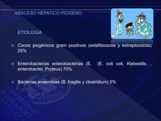 ETIOLOGIA
 Cocos piogénicos gram positivos (estafilococos y estreptococos)
25%
 Enterobacterias enterobacterias (E. (E. coli coli, Klebsiella, ,
enterobacter, Proteus) 70%
 Bacterias anaerobias (B. fragilis y clostridium) 5%
 
