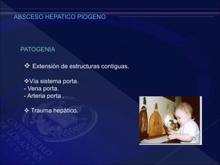 PATOGENIA
 Extensión de estructuras contiguas.
Vía sistema porta.
- Vena porta.
- Arteria porta .
 Trauma hepático.
 
