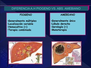 PIOGENO
•Generalmente múltiples
•Localización variable
•Hemocultivo (+)
•Terapia combinada
DIFERENCIA A.H PIOGENO VS. ABS. AMEBIANO
AMEBIANO
•Generalmente único
•Lóbulo derecho
•Serología (+)
•Monoterapia
 