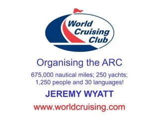 Organising the ARC
675,000 nautical miles; 250 yachts;
 1,250 people and 30 languages!

  JEREMY WYATT
www.worldcruising.com
 